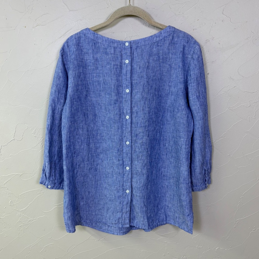 Boden Linen Blouse Womens 10 Blue White Striped Button Back Coastal Preppy - Picture 2 of 11